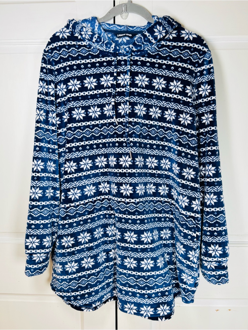 Lands' End Navy/White Snowflake Fair Isle Pattern Fleece Super Soft Sz 1X/16-18
